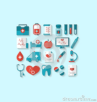 Collection modern flat icons of medical elements and objects Vector Illustration