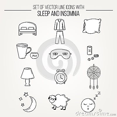 Collection of modern line vector white with black outline icons insomnia and sleep problems symbols. Sleep deprivation pictograms. Vector Illustration