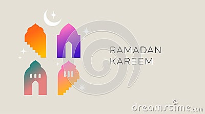 Collection of modern style Ramadan Mubarak colorful designs. Greeting card, background. Windows and arches with moon Vector Illustration