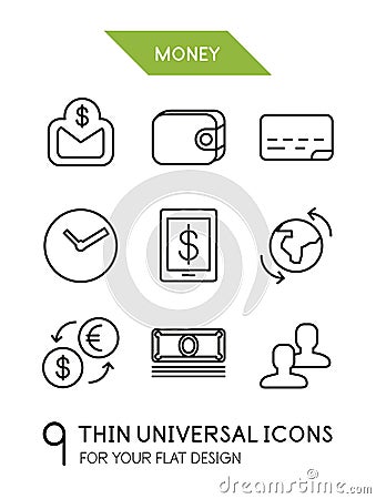 Collection of money finance trendy thin line icons Vector Illustration