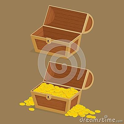 Collection of money icons. Empty wooden chest with open lid and chest full of gold with piles of coins. Pirate treasure, reward. Vector Illustration