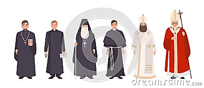 Collection of monks, priests and religious leaders of Catholic and Orthodox christian churches. Bundle of clergymen or Vector Illustration