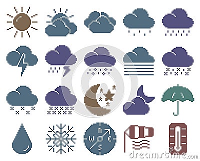 Collection of monochromatic pixel weather icons Vector Illustration