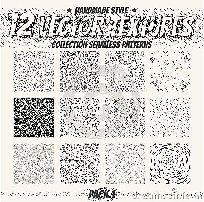 Collection monochrome seamless textures for digital design. Vector patterns for web, textile, fabric and other. Hand-draw dots, l Stock Photo