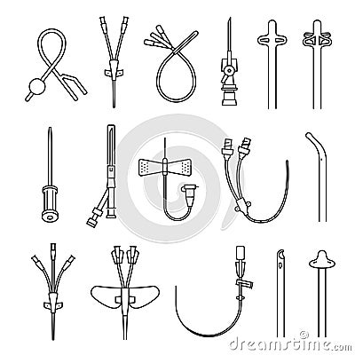 Collection monochrome simple catheter line icon vector medical needles for access to blood Vector Illustration