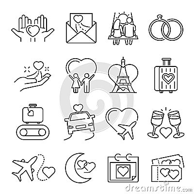 Collection of monochrome simple honeymoon icon vector illustration linear romantic symbols Vector Illustration