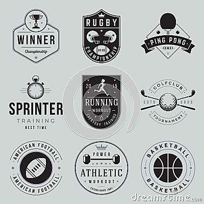 Collection monochrome vintage sports championship logo design vector illustration active hobby game Vector Illustration