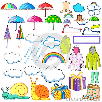 Collection of monsoon and rainy day object including raincoat, umbrella, boots and cloud Vector Illustration