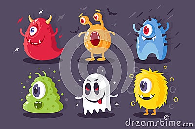 Collection monsters with electrical, toxical, frost, horrible elements for halloween. Vector Illustration