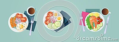 Collection of morning healthy food top view. Set classic breakfast dish tasty fresh brunch Vector Illustration