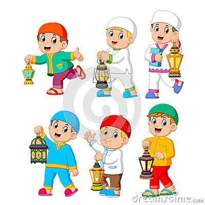 collection of moslem kids holding lantern Vector Illustration