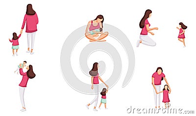 Collection of mother with her daughter and son. Set of mom and baby. Happy mothers day. Mothers love scene. Mother teaches her Vector Illustration