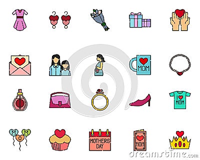 Collection of Mothers Day icons with Filled Outline Style pixel perfect Stock Photo