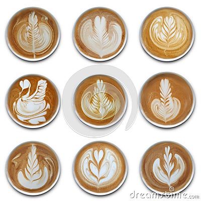 Collection of mugs of latte art coffee isolted. Stock Photo