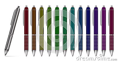 Collection of multi-colored ball pens, Isolated illustration. Vector Illustration