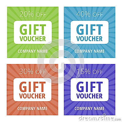 Collection of 4 multicolored gift vouchers with 15, 20, 30, 40% sale Vector Illustration