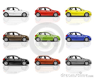 Collection of Multicolored New Modern 3D Cars Stock Photo