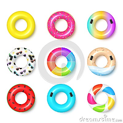 Collection multicolored realistic rubber swim ring top view vector illustration swimming ring toy Vector Illustration