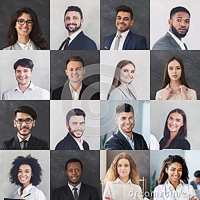 Collection Of Multiethnic Business People Portraits Collage, Gray Backgrounds, Square Stock Photo