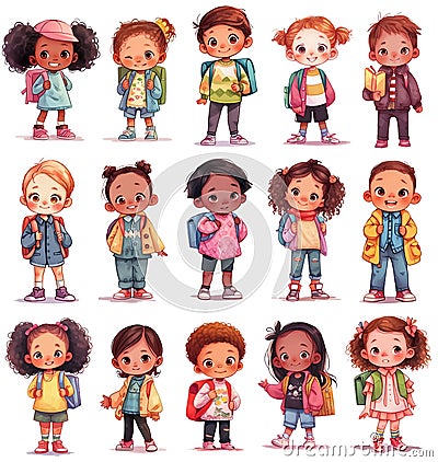 Collection of multiethnic little kids. Isolated clipart of school children with backpacks, standing boys and girls, whole body, Stock Photo