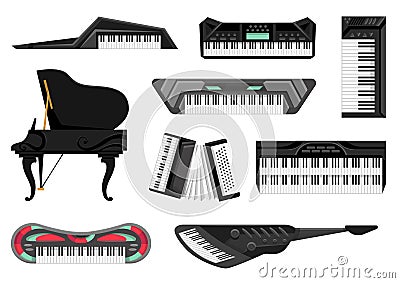 Collection of musical keyboard instrument. Isolated icons set of music key boards on white background. Vector musician Vector Illustration
