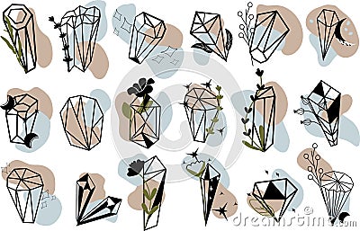 Collection mystical crystals with flowers, moon, stars and leaves. Magical diamonds on white background for ideal for Vector Illustration