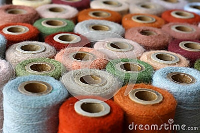 Collection of Natural Colored Vintage Thread Spools Stock Photo