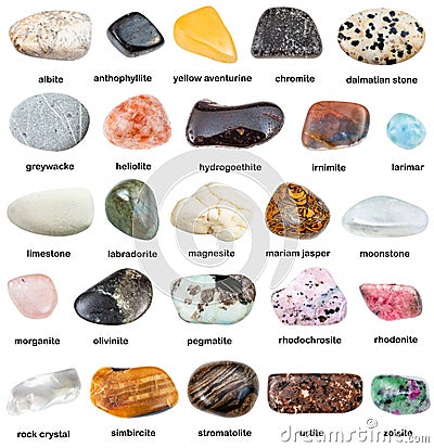 Collection of natural mineral gem stones with name Stock Photo