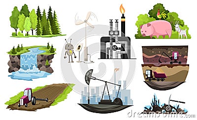 Collection of natural resources design. Vector illustration of types national treasure oil, gas, damond, ground, coal Vector Illustration