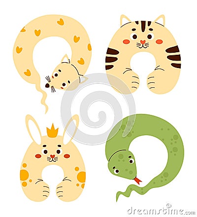 Collection neck pillows. Plush animal toys - cat, rabbit, snake and rodent. Soft anti-stress cuddly pillow toy for Vector Illustration