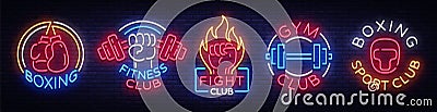 Collection neon signs for sports. Set neon logos emblems for Sports, design template symbols Boxing, Fitness Club, Fight Vector Illustration