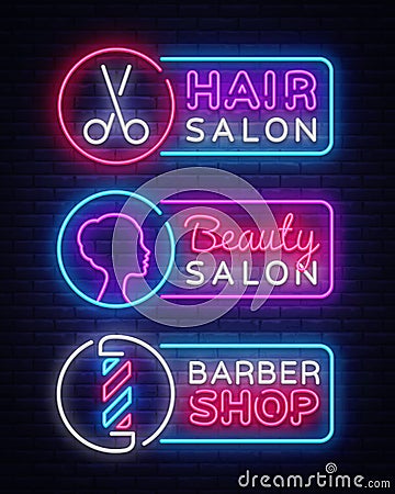 Collection neon signs vector. Hairdress, Barber Shop, Beauty salon Logotype, Emblem in Modern Trend Design, Vector Vector Illustration