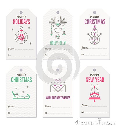 Collection of New Year and Christmas gift tags. Vector Illustration