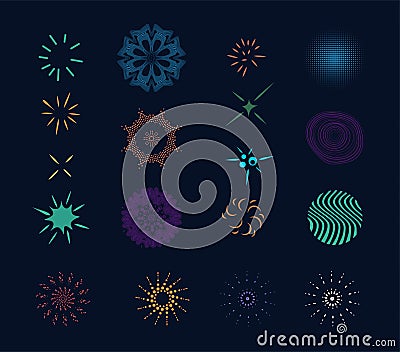 Collection of New Year's snowflakes, lights, salute elements and various decorative signs. Colorful fractal signs Vector Illustration