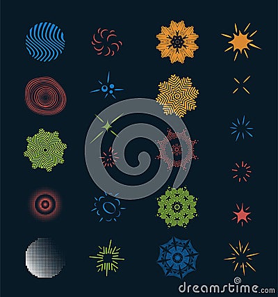 Collection of New Year's snowflakes, lights, salute elements and various decorative signs. Colorful fractal signs Vector Illustration