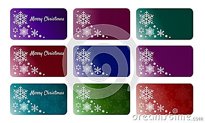 Collection of nine christmas gift tags with white various snowflakes and stars. Set of printable various color gradient Vector Illustration