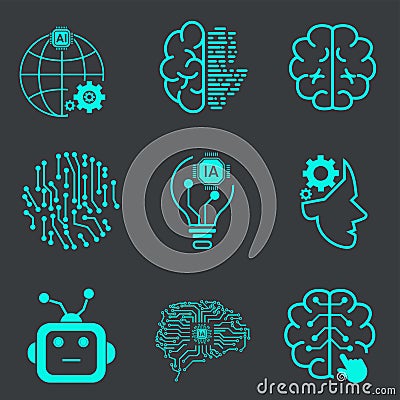 Collection of nine Technology of Artificial Intelligence Vector Line Icons Set. Face Recognition, Android, Humanoid Robot, Vector Illustration