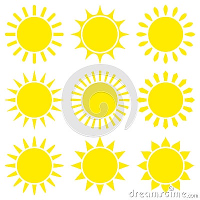 Set Of Nine Yellow Graphic Sun Icons Vector Illustration