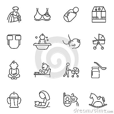 Collection of nursery mother father baby care monochrome icon vector motherhood parenthood childhood Vector Illustration