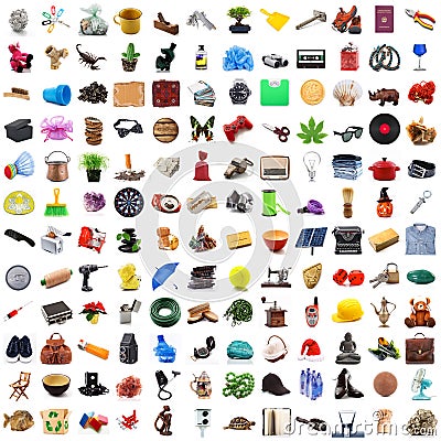 Collection of objects in chaos in white background Stock Photo