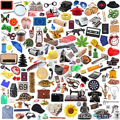 Collection of objects in chaos in white background Stock Photo