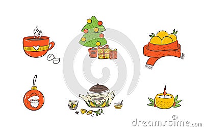 Collection of objects christmas tangerines tree tea sticker prints sketch Vector Illustration