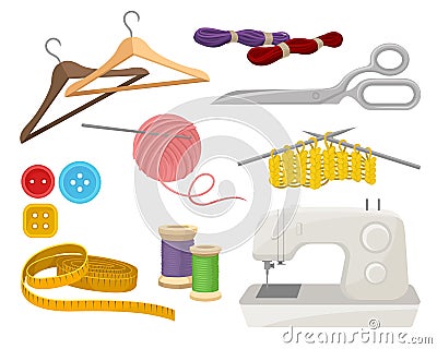 Flat vector set of objects related to sewing and knitting theme. Dressmaking instruments and materials Vector Illustration