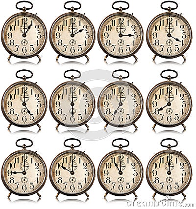 Collection of Old Alarm Clocks with All Hours of the Day - Isolated on White Stock Photo
