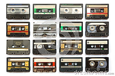 Collection of old audio cassette tapes isolated on white background vintage music and technology concept Editorial Stock Photo