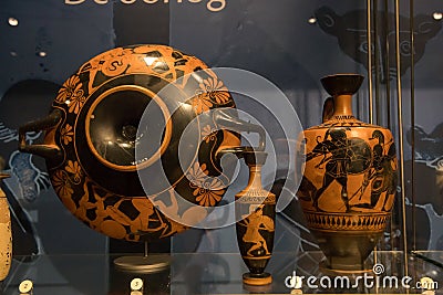 Collection of old decorated Greek vases. Editorial Stock Photo