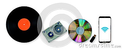 Collection of old and modern retro musical equipment technology with clipping path Stock Photo