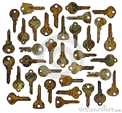 Collection of Old Rusty Dirty Metal Keys on a White Background Stock Photo