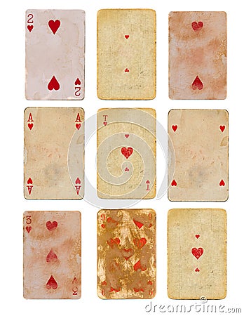 Collection old used playing card of hearts paper backgrounds isolated Stock Photo