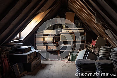 collection of old vinyl records in a dusty attic corner Stock Photo